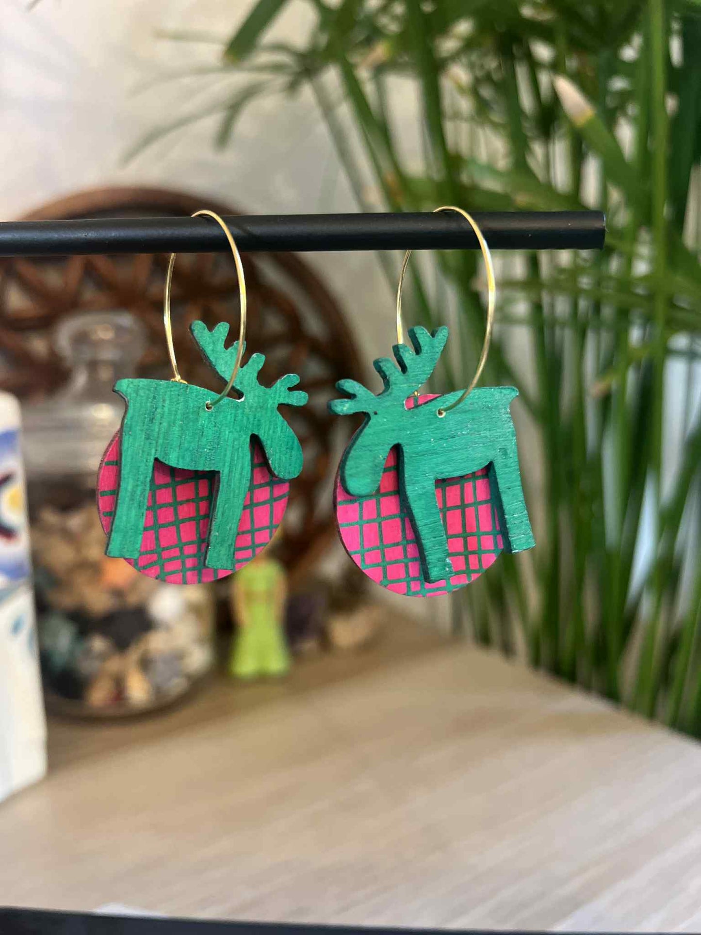 Créoles Rennes de Noël Vert et rose tartan